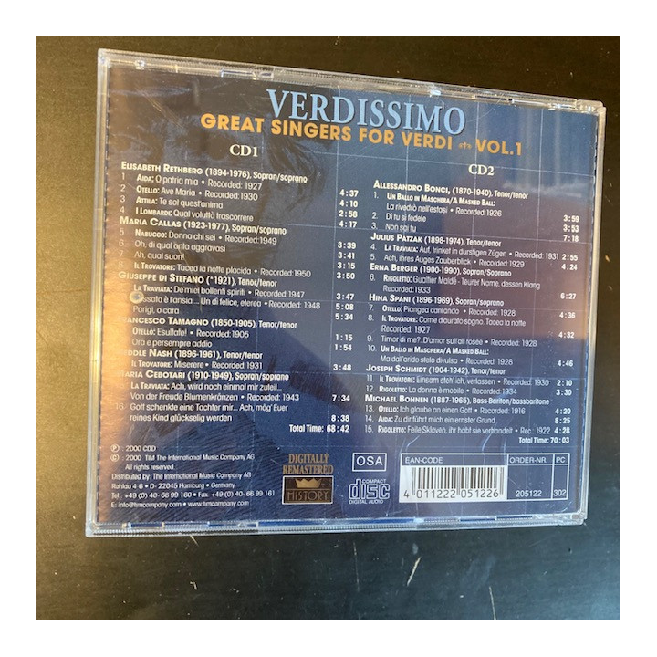 Verdi - Great Singers For Verdi Vol.1 2CD (VG+-M-/M-) -klassinen-