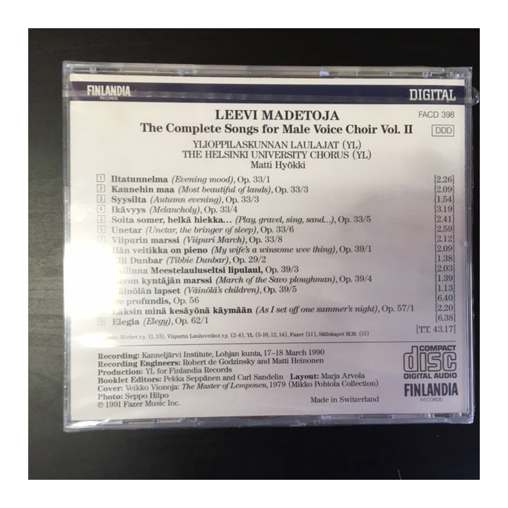 Madetoja - The Complete Songs For Male Voice Choir Vol.II CD (avaamaton) -klassinen-
