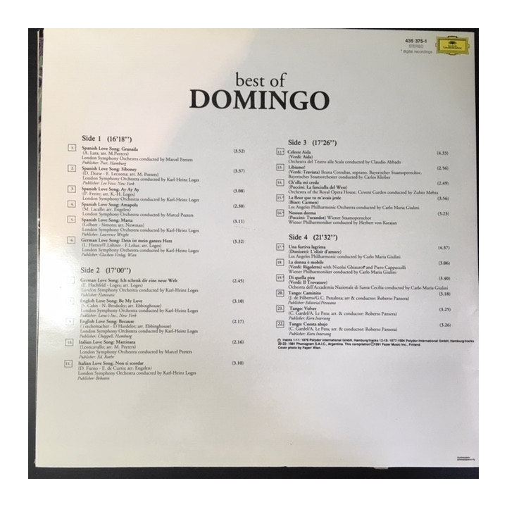 Placido Domingo - Best Of Domingo 2LP (M-/VG+) -klassinen-