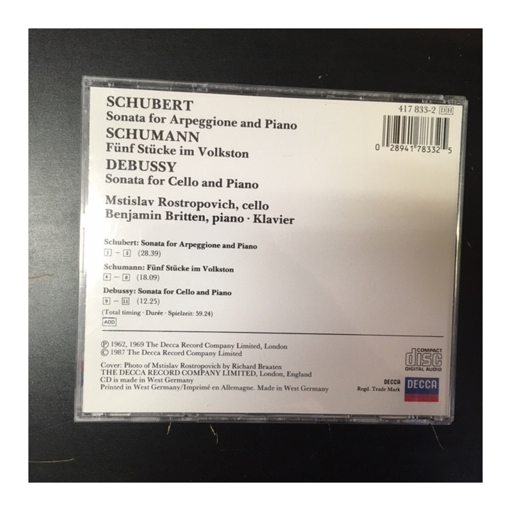 Mstislav Rostropovich - Schubert / Schumann / Debussy CD (M-/VG+) -klassinen-